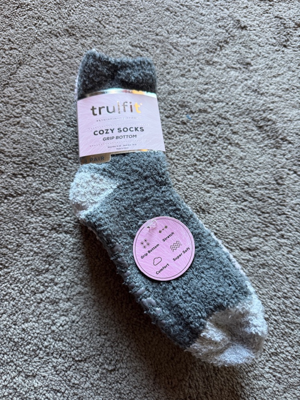 TruFit Cozy Fuzzy Grip Socks Soft Socks 3 Pair (Shoe SIZE 5-10, Sock 9-11)